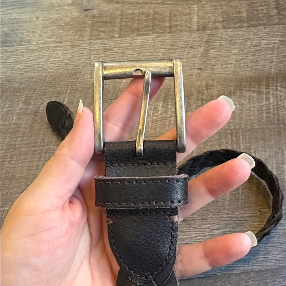 Men's Genuine Leather Braided Belt Dark Brown Distressed Silver Tone Buckle 41”